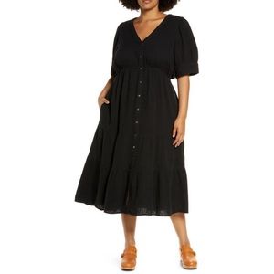 Madewell Lightspun Tiered Button Front Midi Dress Women's Plus 14 W Black